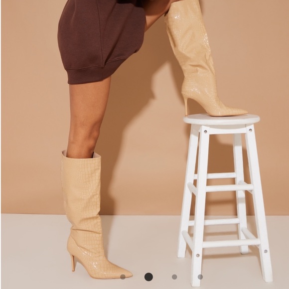 PrettyLittleThing Croc Stiletto Heeled Knee High Boots - Picture 2 of 4